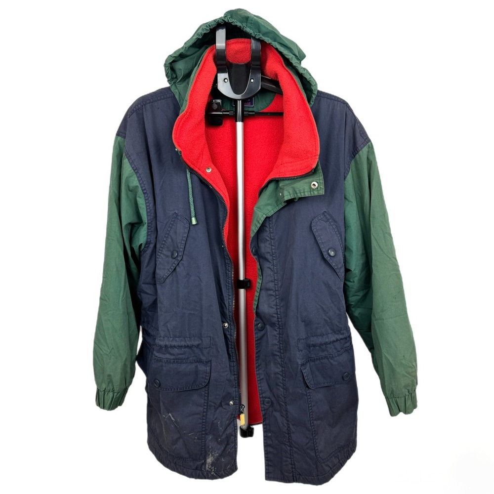 Vintage 90s Bugle Boy Green and Gray Raincoat with Red Lining Size Large